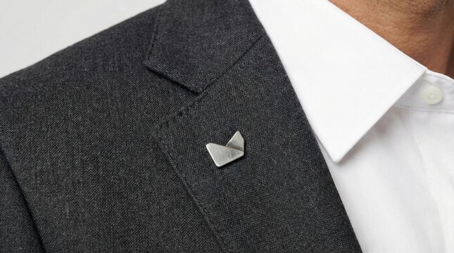 Man wears tailored suit with lapel pin on jacket during event near urban setting in afternoon light