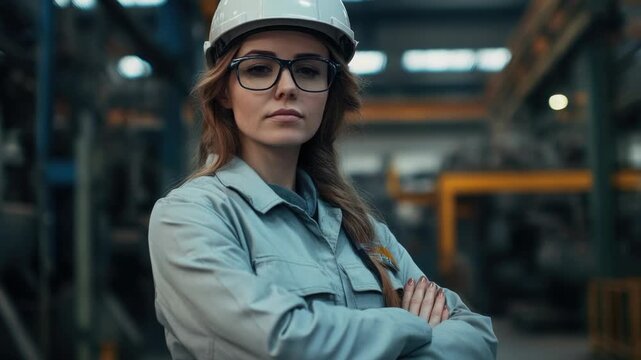 Video Woman on construction site wearing hard hat and glasses quality footage