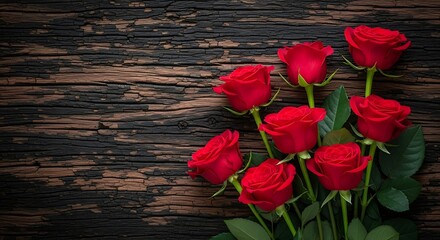 Vibrant Bouquet of Deep Red Roses Resting on Dark Weathered Wooden Planks