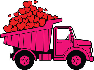 Pink dump truck overflowing with red hearts on white background vehicle transportation