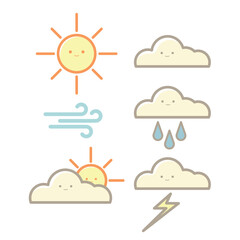Cute Kawaii Weather Icons Vector Pastel Colored Flat Style Climate Illustration, Hand-Drawn Cartoon Weather Symbols for Forecast, Kids Design, Education, and Cute Nature Theme