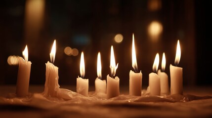 Softly Glowing Candles Illuminating a Dim Room, Creating a Serene Ambiance for Relaxation, Meditation, or Special Occasion Gatherings