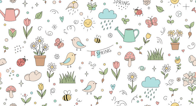 Cute spring doodle pattern with flowers, birds, bees, clouds, watering cans, sunshine, mushrooms, and playful pastel nature background