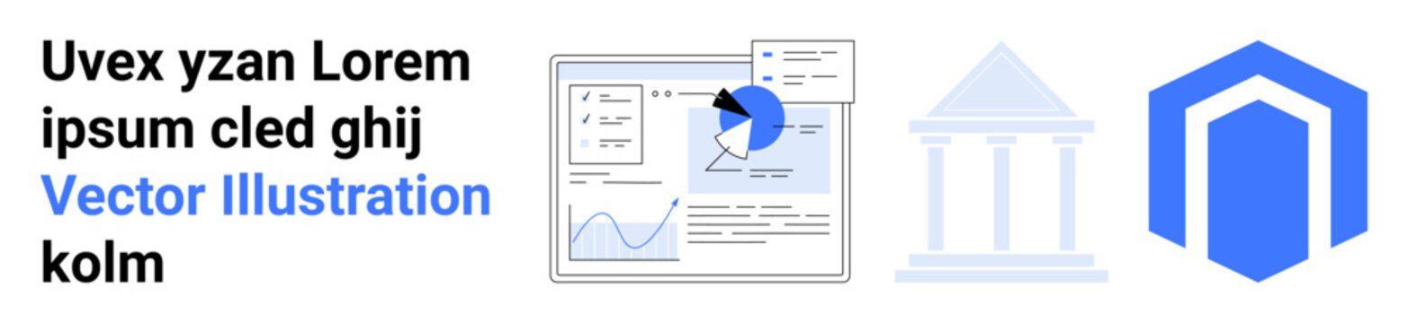 Financial analysis, government institutions, cybersecurity, data visualization, security concepts, statistics. A chart, government building symbol and shield icon pictured. Financial analysis