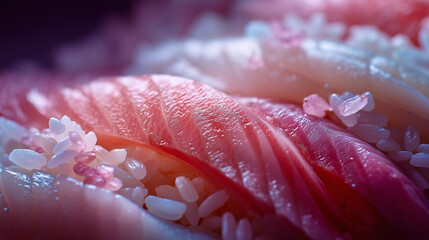 Zen style macro food photography of sushi fish and rice with delicate texture in soft directional light