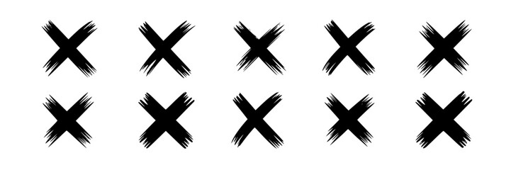 Fototapeta premium Collection of black 'X' marks arranged in a grid pattern on a white background, minimalistic style, graphic design, vector illustration