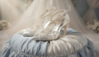 Luxurious wedding shoes displayed on an exquisite pillow, fairy tale wedding concept