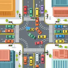 Naklejka premium Busy City Intersection with Traffic Jam and Pedestrian Crosswalks - Aerial View