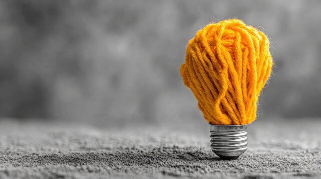 Creative concept lightbulb head with yellow yarn against textured background