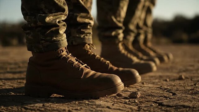 Military boots in formation outdoors under warm sunlight close up