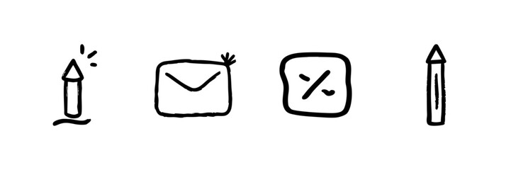 Obraz premium Rocket, Envelope, Percentage, And Pencil Line Icon Set In Doodle Style. Communication, Finance, And Creativity Outline Sketch Collection. Hand Drawn Isolated Vector Illustration