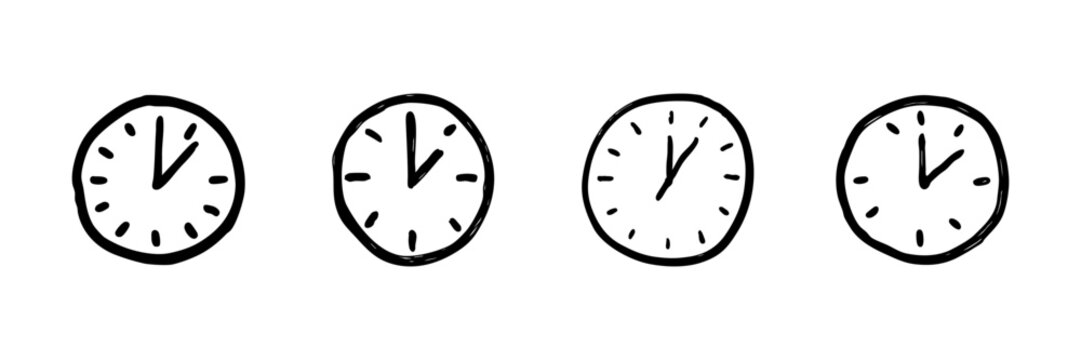 Four Clocks Showing Different Times Line Icon In Doodle Style. Time Management, Scheduling, And Planning Outline Sketch Collection. Hand Drawn Isolated Vector Illustration