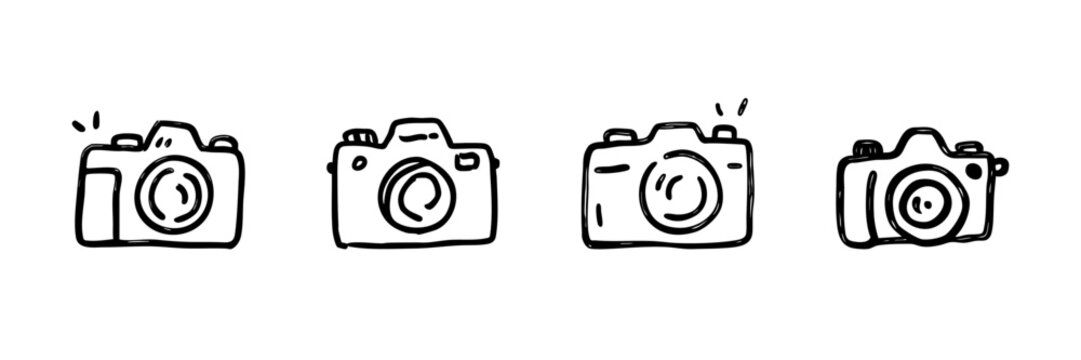 Camera Line Icon Set In Doodle Style. Photography Equipment And Digital Imaging Tools Outline Sketch Collection. Hand Drawn Isolated Vector Illustration