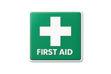 Obraz premium Green first aid sign with white cross and text, isolated on black background