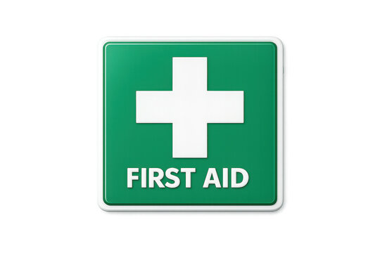 Green first aid sign with white cross and text, isolated on black background