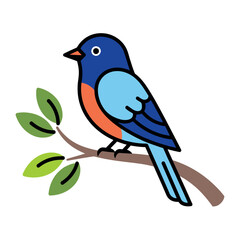 Obraz premium Detailed vector illustration of a bluebird with an orange breast perched on a leafy branch, modern flat design nature graphic.