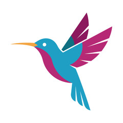 Obraz premium Vibrant, colorful geometric hummingbird icon in blue, pink, and teal. Modern stylized bird vector for creative branding, tech, and nature apps