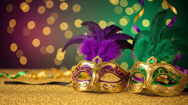 Colorful Feathered Masks on a Glittering Table with Bokeh Background, Creating a Festive Atmosphere for a Costume Party or Carnival Celebration