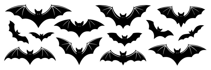 Fototapeta premium Collection of black bat silhouettes in various flying positions on a white background, creating a spooky, Halloween-themed visual.