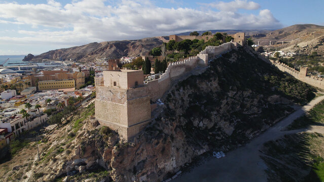 Aerial View of Baluarte del Saliente Tower in Alcazaba, Almer&iacute;a, Spain