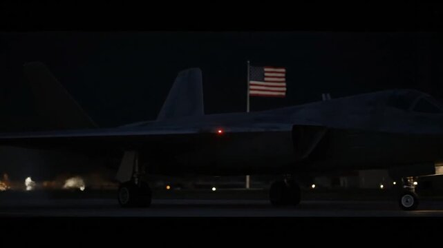 Military jet taxiing at night with american flag in background