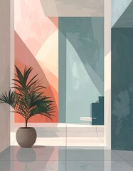 Minimalist Interior with Plant and Abstract Wall Art.