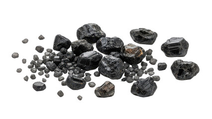 Obraz premium A pile of raw black tourmaline crystals and small pieces on a black background isolated on transparent background, illustration