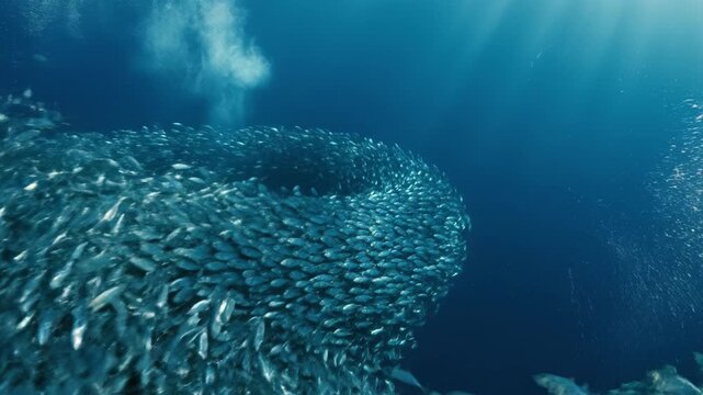 Underwater fish school ocean swirl marine life blue water sea current aquatic nature wildlife underwater motion vortex sea swirl schooling fish underwater ocean sea marine blue swarm group pattern