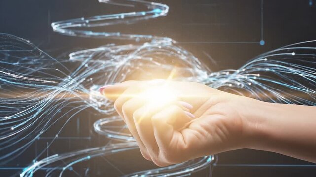 marketing automation workflow customer concept. A hand releasing digital sparks against a dark background.