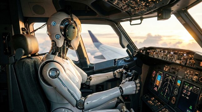 Advanced AI Android Pilot Flying Commercial Aircraft at Sunset