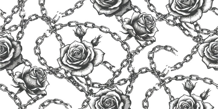 Monochrome hand-drawn seamless pattern featuring entangled roses and chains in a vintage tattoo-style vector illustration background