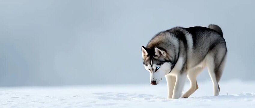 Three huskies walking and sitting in snowy landscape with foggy background