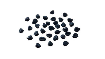 Close-up overhead view of small black seeds arranged in a pile on a dark background isolated on transparent background, illustration
