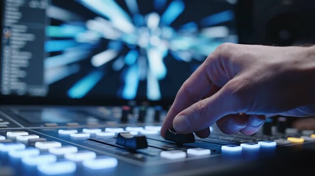 marketing automation workflow customer concept. Hand adjusting a control panel with blue lights in a digital environment.