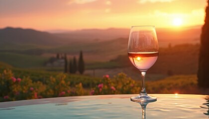 Obraz premium Glass of rose wine at poolside during golden hour sunset overlooking Tuscan hills. Vacation relaxation with scenic vineyard and blooming flowers backdrop.