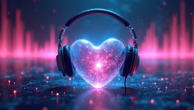 Heart shape with headphones on DJ sound visualizer. Glowing galaxy center shines bright. Music love concept art, abstract background, copy space.