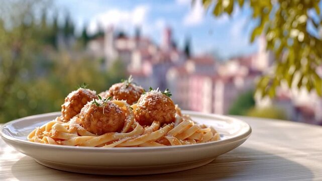 A plate of pasta with meatballs sits in front of a beautiful landscape. The sun shines down on the meal, highlighting the noodles and sauce. The background shows a quaint town with trees.