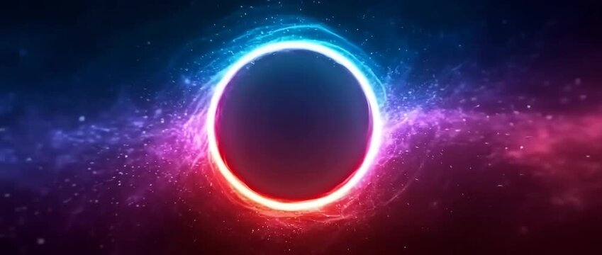 Solar eclipse with vibrant red and blue halo in space cosmic background with stars and colorful nebula