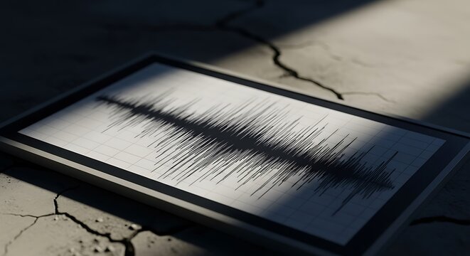 Seismograph reading showing earthquake waves on a cracked surface with sunlight casting shadows, illustrating seismic activity and geological events