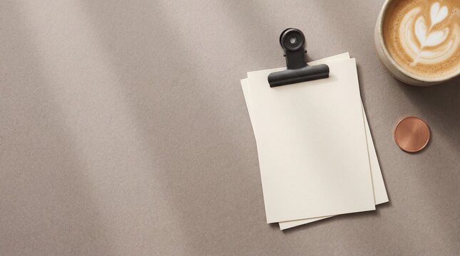Warm gray paper texture background with copyspace, blank sheets clamped by black bulldog clip, ceramic latte cup, copper token, soft shadows for office management header