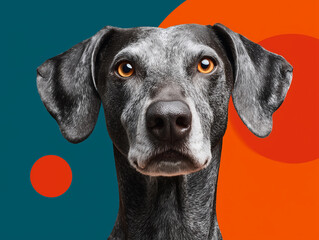 Symmetrical front portrait of a grey shorthair dog with orange eyes on a blue and orange background.