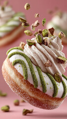 Flying donut with white glaze, pistachio cream, green stripes, and falling pistachio nuts on a pink background.