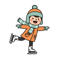 Fototapeta premium Happy Cartoon Boy Ice Skating in Winter Outfit