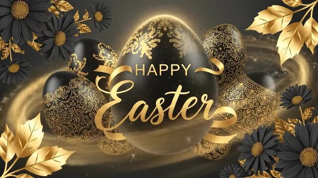 Elegant and Festive Black and Gold Easter Eggs Surrounded by Dark Flowers, Celebrating the Joy of Easter with Ornate Designs and Pleasing Aesthetics