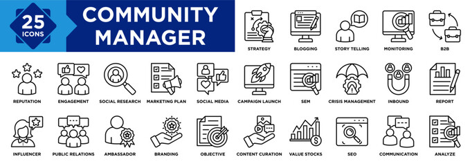 Community Manager icon collection set. Containing Strategy, Blogging, Story Telling, Monitoring, B2B, Communication, Inbound, SEM, SEO, Social Media icon
