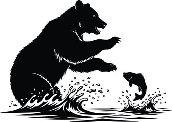 Wild bear fishing for salmon in river scene silhouette art