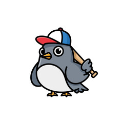 Naklejka premium Cute cartoon penguin with baseball bat and cap, funny character illustration