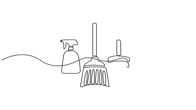 Animated self drawing of  Continuous one line drawing of mop and bucket. Cleaning concept. Simple vector illustration, Single line draw design vector graphic illustration. Cleaning tools one line