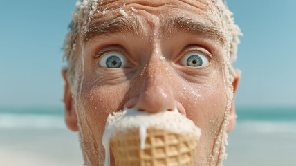 Extreme close-up of a shocked man's face covered in melting white ice cream at the beach.