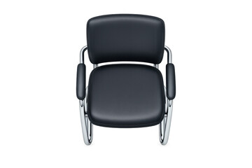 Fototapeta premium Top view of a sleek black leather office chair with chrome accents on a black background